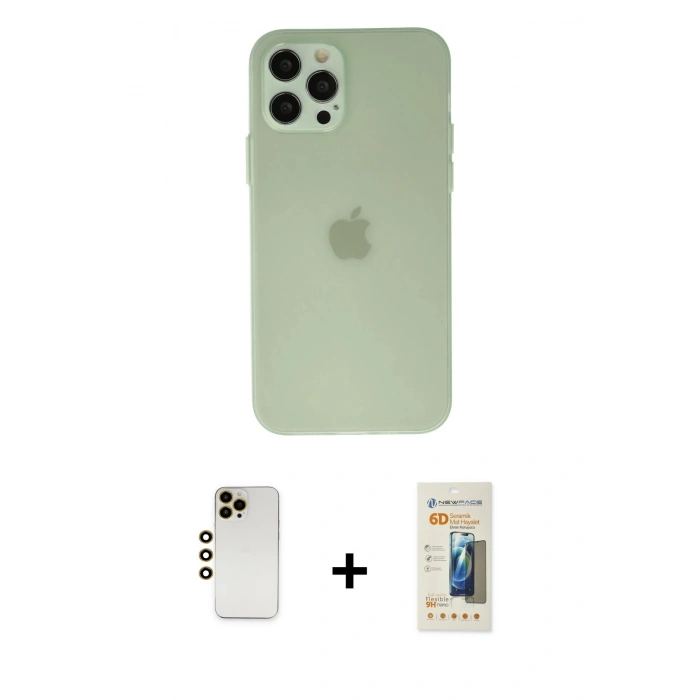 MARSİLYAN™- iPhone 12 Pro Kılıf Atlas Minimal Prime - Siyah 6D Mat Seramik Hayalet Nano Ekran Koruyucu + Shine Kamera Lens - GD