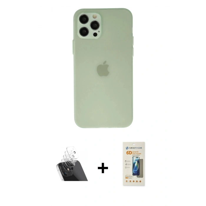 MARSİLYAN™- iPhone 12 Pro Kılıf Atlas Minimal Prime - Siyah 6D Mat Seramik Hayalet Nano Ekran Koruyucu + Kamera Lens Koruma Cam - SF