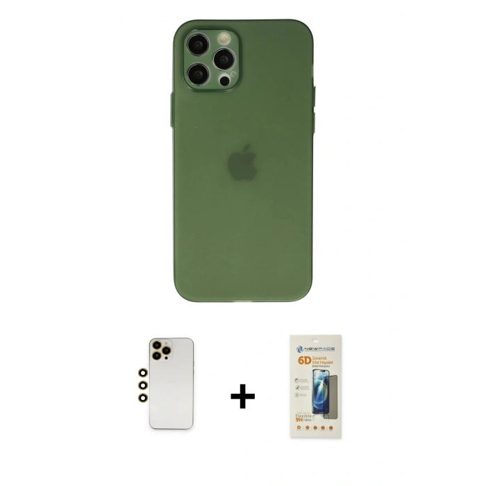 MARSİLYAN™- iPhone 12 Pro Kılıf Atlas Minimal Prime - Siyah 6D Mat Seramik Hayalet Nano Ekran Koruyucu + Shine Kamera Lens - GD