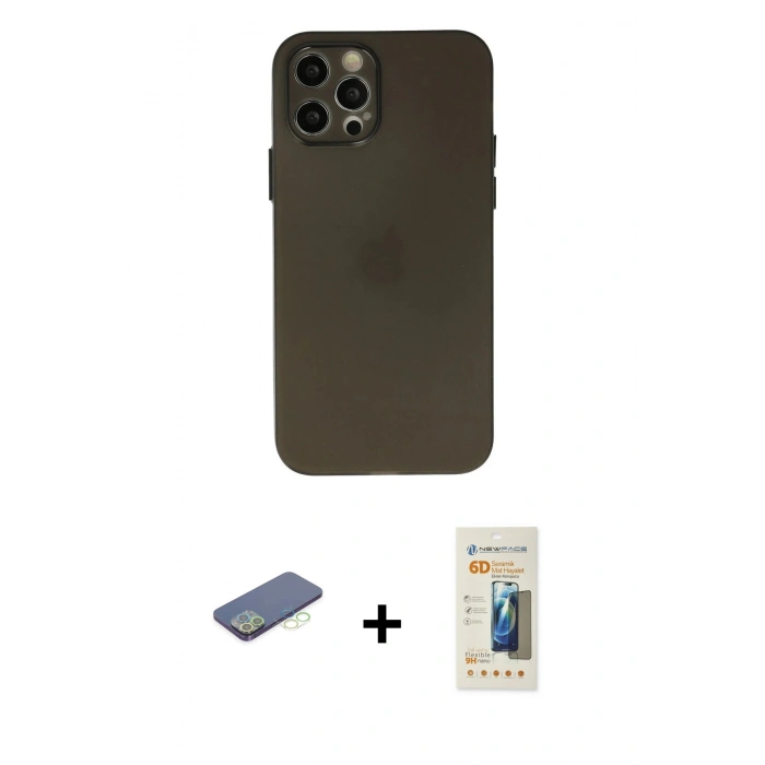 MARSİLYAN™- iPhone 12 Pro Kılıf Atlas Minimal Prime - Siyah 6D Mat Seramik Hayalet Nano Ekran Koruyucu + Renkli Kamera Lens Koruma Cam - YL