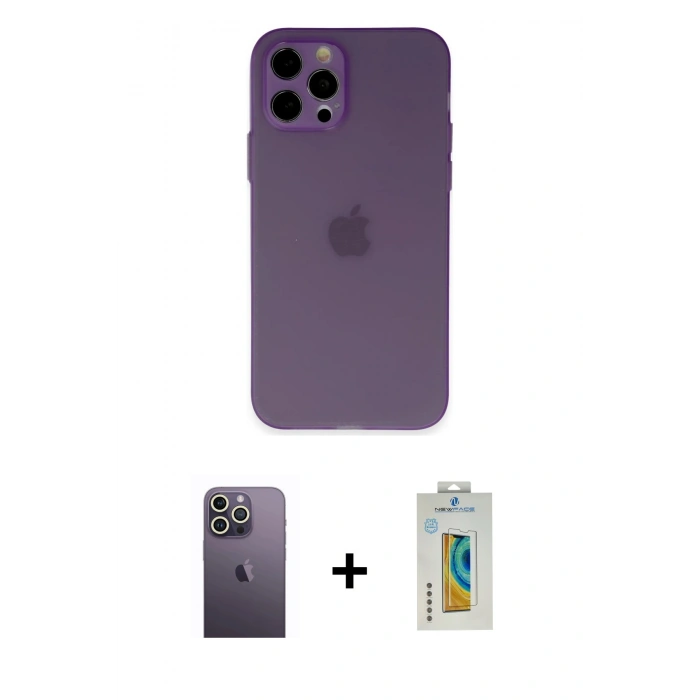 MARSİLYAN™- iPhone 12 Pro Kılıf Atlas Minimal Prime - Siyah Polymer Nano Ekran Koruyucu + Neon Fosforlu Kamera Lens - BZ