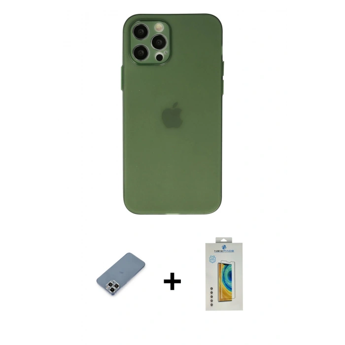 MARSİLYAN™- iPhone 12 Pro Kılıf Atlas Minimal Prime - Siyah Polymer Nano Ekran Koruyucu + Metal Kamera Lens Koruma Cam - GS