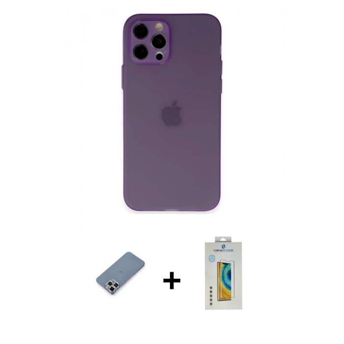 MARSİLYAN™- iPhone 12 Pro Kılıf Atlas Minimal Prime - Siyah Polymer Nano Ekran Koruyucu + Metal Kamera Lens Koruma Cam - GS