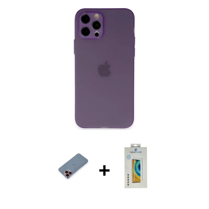 MARSİLYAN™- iPhone 12 Pro Kılıf Atlas Minimal Prime - Siyah Polymer Nano Ekran Koruyucu + Metal Kamera Lens Koruma Cam - KI