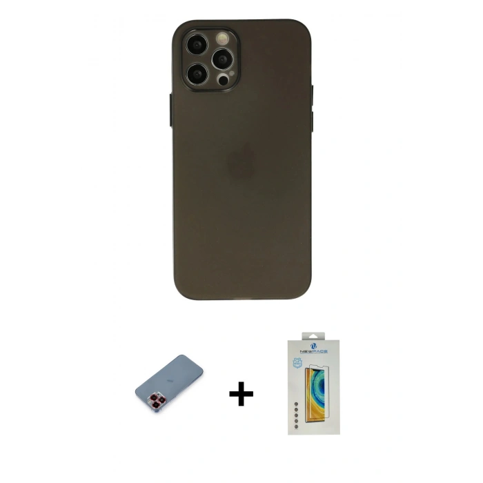 MARSİLYAN™- iPhone 12 Pro Kılıf Atlas Minimal Prime - Siyah Polymer Nano Ekran Koruyucu + Metal Kamera Lens Koruma Cam - KI