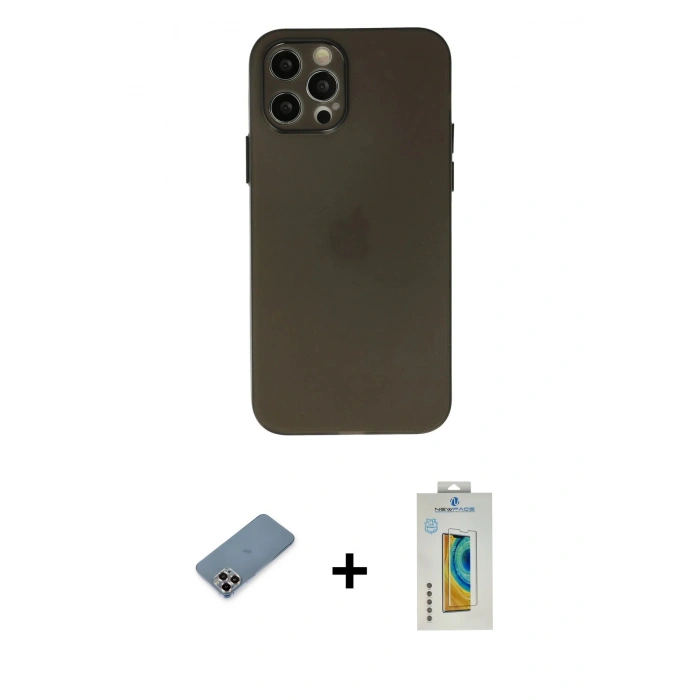 MARSİLYAN™- iPhone 12 Pro Kılıf Atlas Minimal Prime - Siyah Polymer Nano Ekran Koruyucu + Mor Metal Kamera Lens Koruma Cam