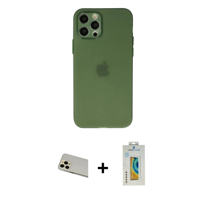 MARSİLYAN™- iPhone 12 Pro Kılıf Atlas Minimal Prime - Siyah Polymer Nano Ekran Koruyucu + Rainbow Kamera Lens Koruma Cam - GD