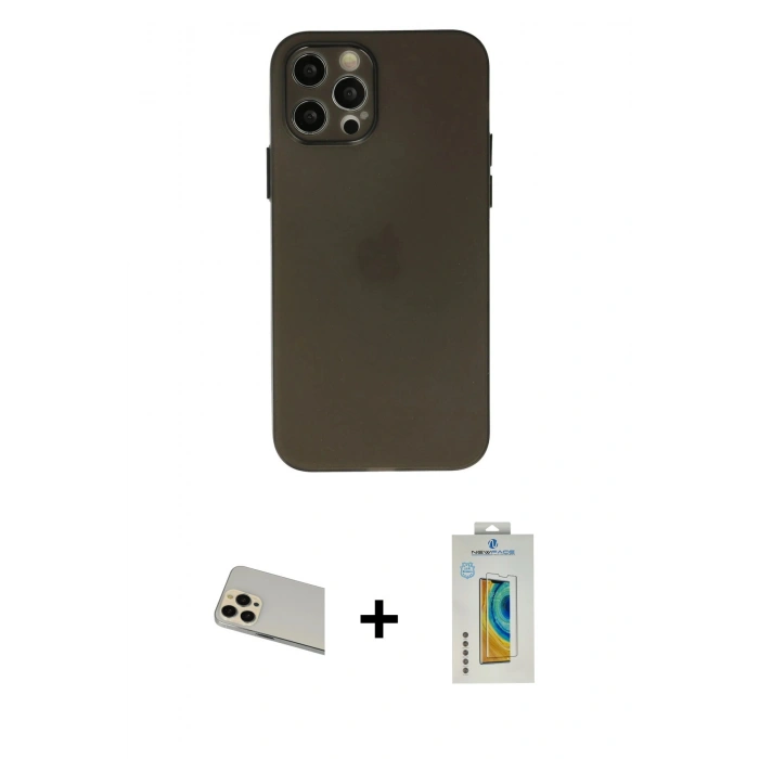 MARSİLYAN™- iPhone 12 Pro Kılıf Atlas Minimal Prime - Siyah Polymer Nano Ekran Koruyucu + Rainbow Kamera Lens Koruma Cam - GD