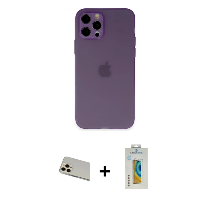 MARSİLYAN™- iPhone 12 Pro Kılıf Atlas Minimal Prime - Siyah Polymer Nano Ekran Koruyucu + Rainbow Kamera Lens Koruma Cam - GD