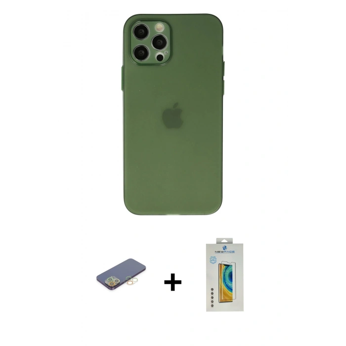MARSİLYAN™- iPhone 12 Pro Kılıf Atlas Minimal Prime - Siyah Polymer Nano Ekran Koruyucu + Renkli Kamera Lens Koruma Cam - SI