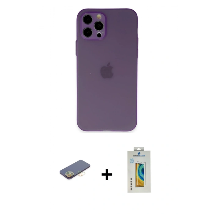 MARSİLYAN™- iPhone 12 Pro Kılıf Atlas Minimal Prime - Siyah Polymer Nano Ekran Koruyucu + Renkli Kamera Lens Koruma Cam - SI