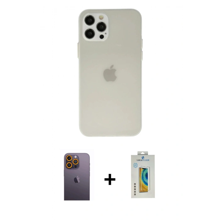 MARSİLYAN™- iPhone 12 Pro Kılıf Atlas Minimal Prime - Siyah Polymer Nano Ekran Koruyucu + Neon Fosforlu Kamera Lens - SI
