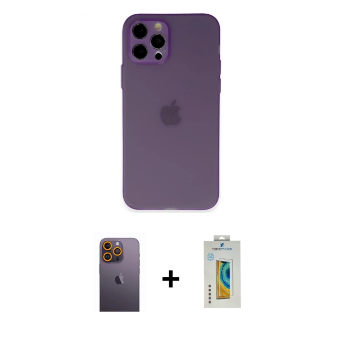 MARSİLYAN™- iPhone 12 Pro Kılıf Atlas Minimal Prime - Siyah Polymer Nano Ekran Koruyucu + Neon Fosforlu Kamera Lens - SI