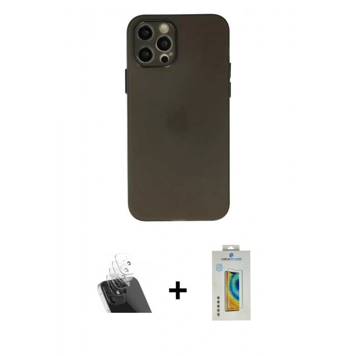 MARSİLYAN™- iPhone 12 Pro Kılıf Atlas Minimal Prime - Siyah Polymer Nano Ekran Koruyucu + Kamera Lens Koruma Cam - SF