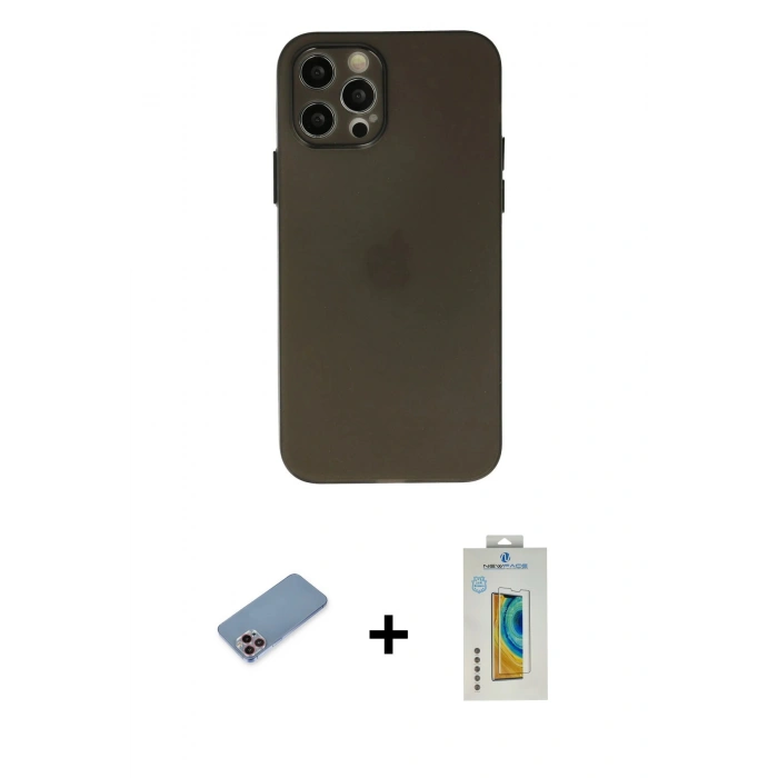 MARSİLYAN™- iPhone 12 Pro Kılıf Atlas Minimal Prime - Siyah Polymer Nano Ekran Koruyucu + Shine Kamera Lens Koruma Cam - PE