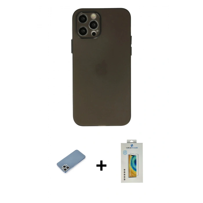 MARSİLYAN™- iPhone 12 Pro Kılıf Atlas Minimal Prime - Siyah Polymer Nano Ekran Koruyucu + Shine Kamera Lens Koruma Cam - GS