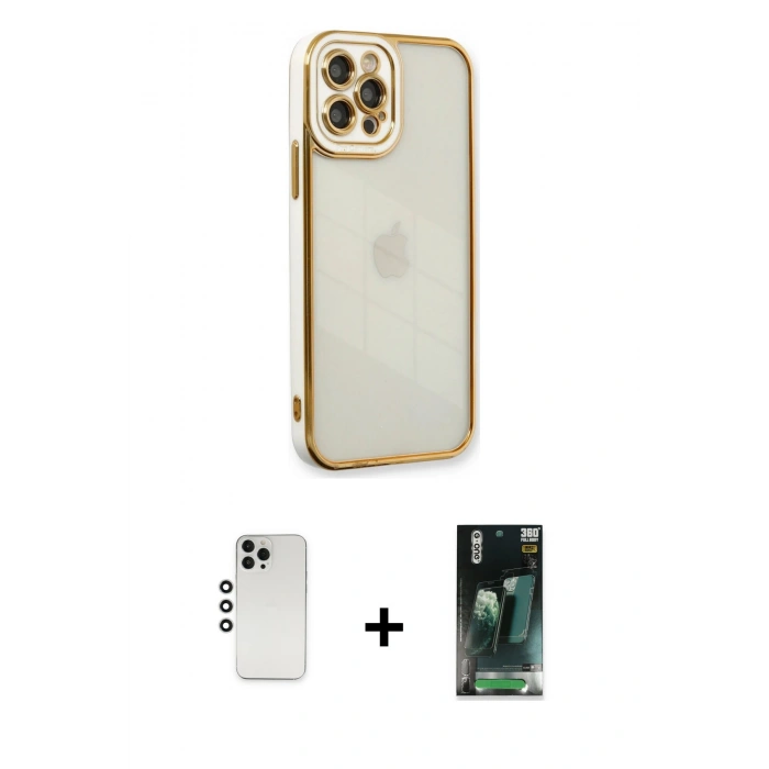 MARSİLYAN™- iPhone 12 Pro Kılıf Çekirdek Klasik Serisi - Şeffaf 360 Full Body Arka Koruyucu + Shine Kamera Lens - GS