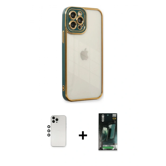 MARSİLYAN™- iPhone 12 Pro Kılıf Çekirdek Klasik Serisi - Şeffaf 360 Full Body Arka Koruyucu + Shine Kamera Lens - GS