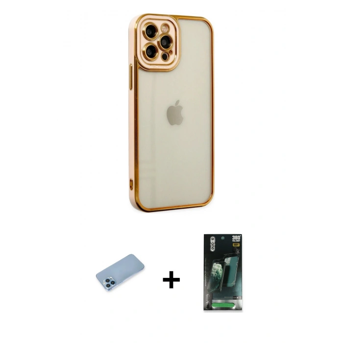 MARSİLYAN™- iPhone 12 Pro Kılıf Çekirdek Klasik Serisi - Şeffaf 360 Full Body Arka Koruyucu + Shine Kamera Lens Koruma Cam - MI