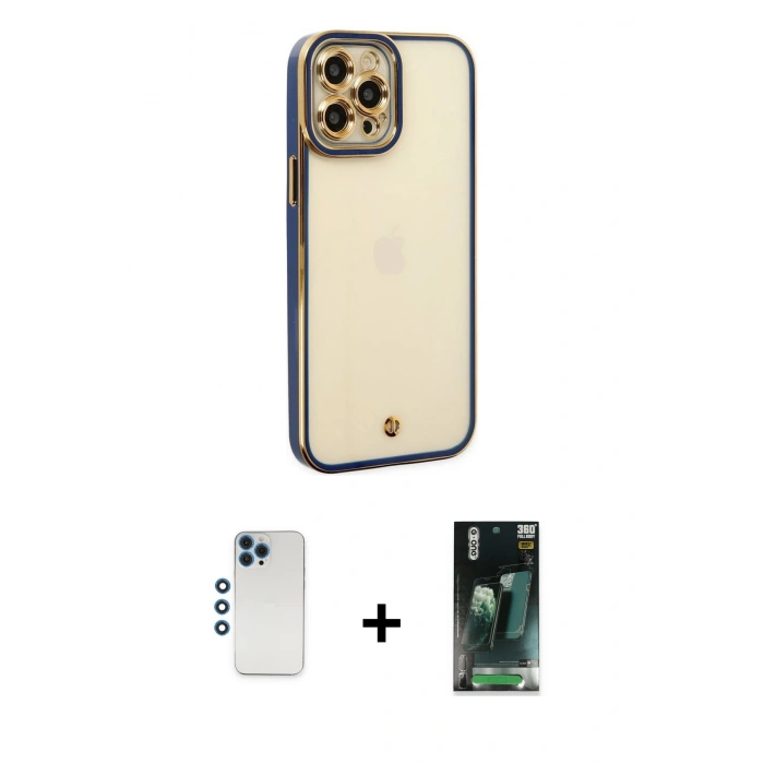 MARSİLYAN™- iPhone 12 Pro Kılıf Çekirdek Klasik Serisi - Şeffaf 360 Full Body Arka Koruyucu + Mavi Shine Kamera Lens
