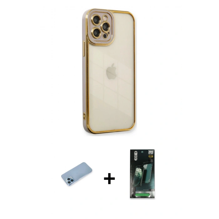 MARSİLYAN™- iPhone 12 Pro Kılıf Çekirdek Klasik Serisi - Şeffaf 360 Full Body Arka Koruyucu + Shine Kamera Lens Koruma Cam - MI