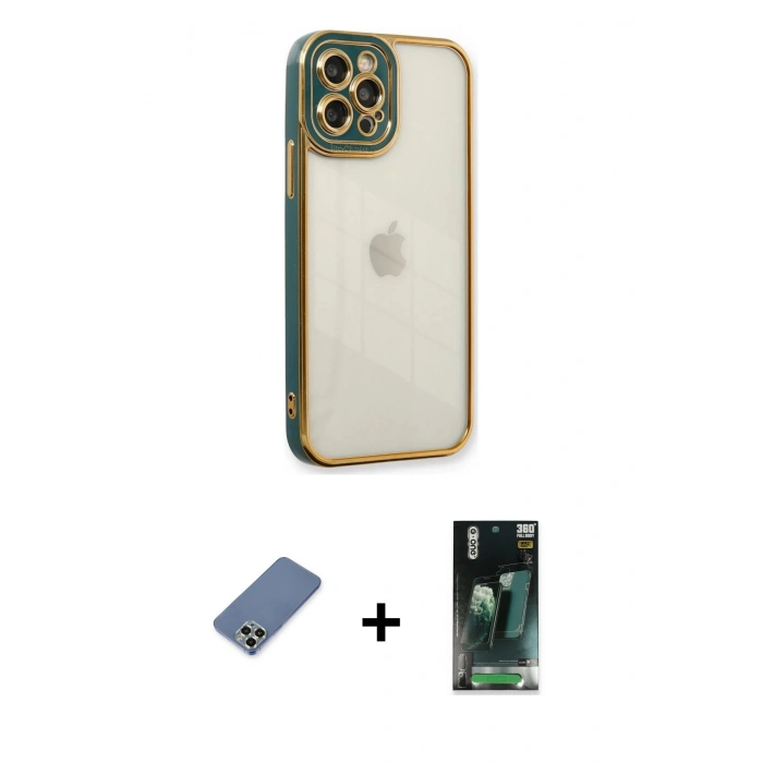MARSİLYAN™- iPhone 12 Pro Kılıf Çekirdek Klasik Serisi - Şeffaf 360 Full Body Arka Koruyucu + Metal Kamera Lens Koruma Cam - AKYL