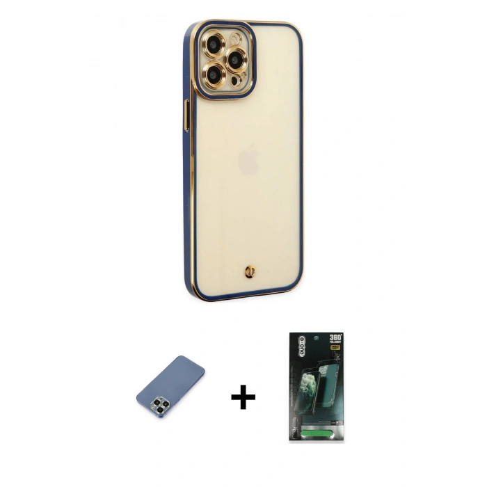 MARSİLYAN™- iPhone 12 Pro Kılıf Çekirdek Klasik Serisi - Şeffaf 360 Full Body Arka Koruyucu + Metal Kamera Lens Koruma Cam - AKYL
