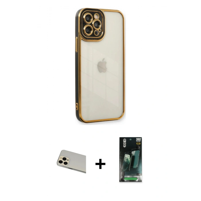 MARSİLYAN™- iPhone 12 Pro Kılıf Çekirdek Klasik Serisi - Şeffaf 360 Full Body Arka Koruyucu + Rainbow Kamera Lens Koruma Cam - GD