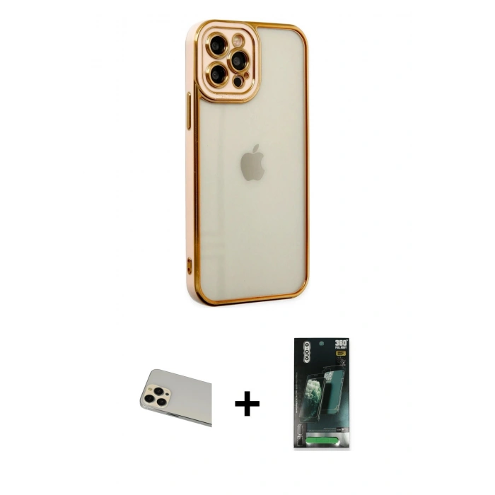 MARSİLYAN™- iPhone 12 Pro Kılıf Çekirdek Klasik Serisi - Şeffaf 360 Full Body Arka Koruyucu + Rainbow Kamera Lens Koruma Cam - GD
