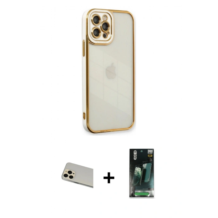 MARSİLYAN™- iPhone 12 Pro Kılıf Çekirdek Klasik Serisi - Şeffaf 360 Full Body Arka Koruyucu + Rainbow Kamera Lens Koruma Cam - GD