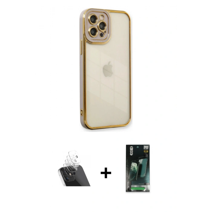 MARSİLYAN™- iPhone 12 Pro Kılıf Çekirdek Klasik Serisi - Şeffaf 360 Full Body Arka Koruyucu + Kamera Lens Koruma Cam - SF