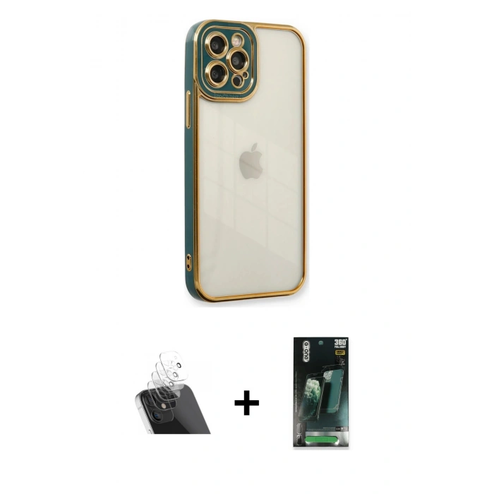 MARSİLYAN™- iPhone 12 Pro Kılıf Çekirdek Klasik Serisi - Şeffaf 360 Full Body Arka Koruyucu + Kamera Lens Koruma Cam - SF