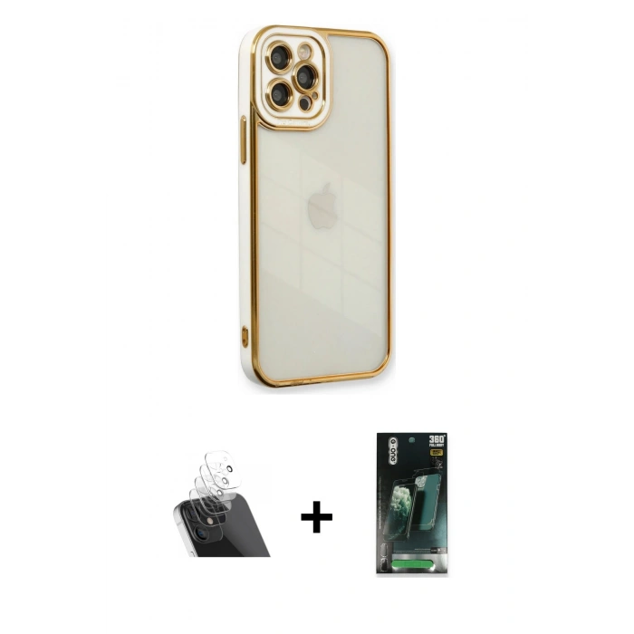 MARSİLYAN™- iPhone 12 Pro Kılıf Çekirdek Klasik Serisi - Şeffaf 360 Full Body Arka Koruyucu + Kamera Lens Koruma Cam - SF