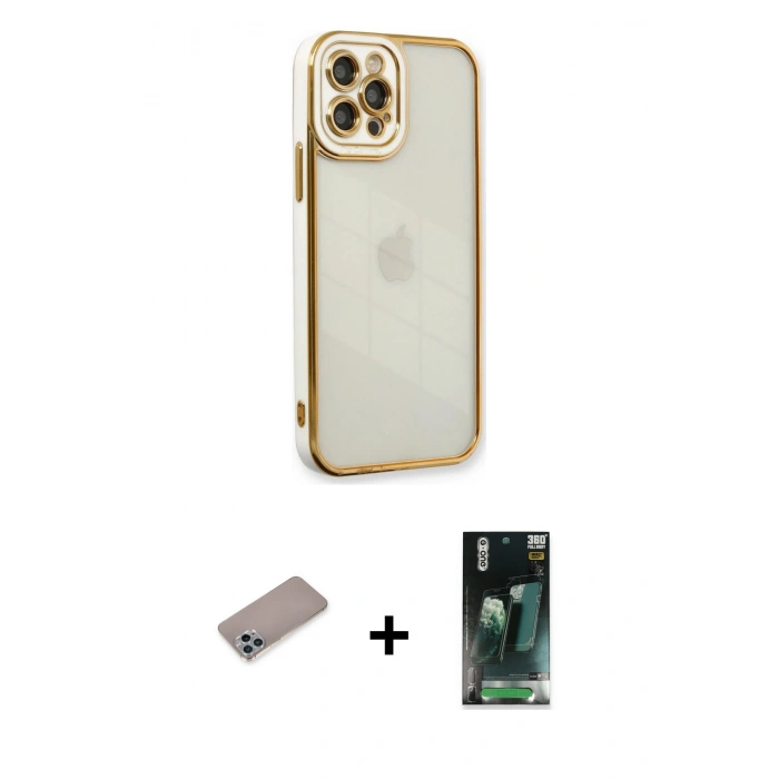 MARSİLYAN™- iPhone 12 Pro Kılıf Çekirdek Klasik Serisi - Şeffaf 360 Full Body Arka Koruyucu + Shine Kamera Lens Koruma Cam - SABE