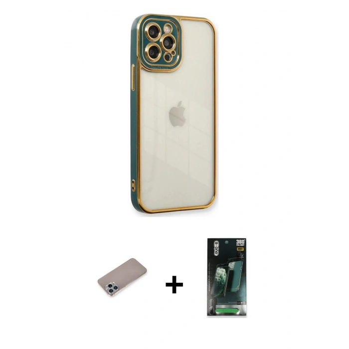 MARSİLYAN™- iPhone 12 Pro Kılıf Çekirdek Klasik Serisi - Şeffaf 360 Full Body Arka Koruyucu + Shine Kamera Lens Koruma Cam - SABE