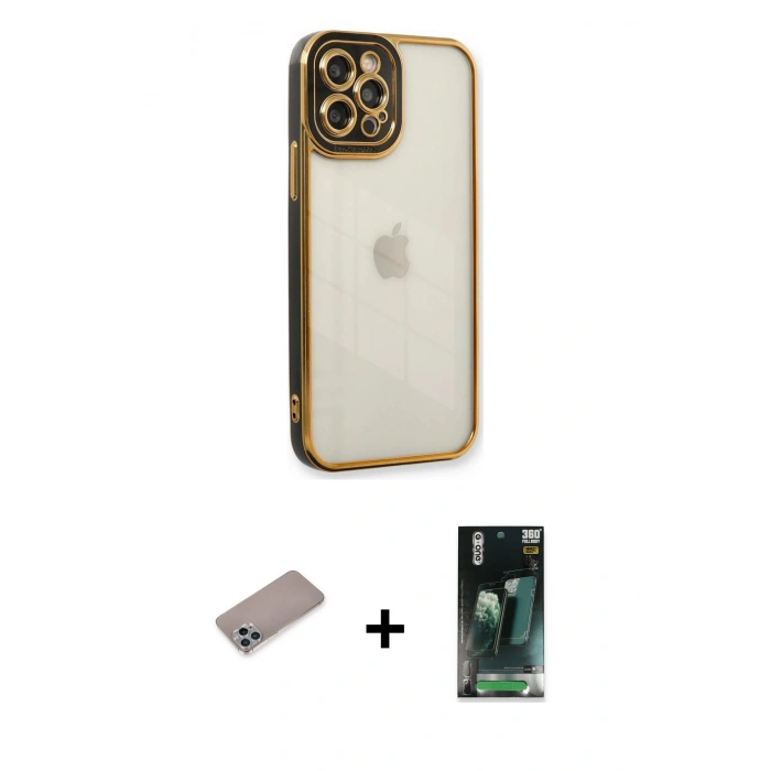 MARSİLYAN™- iPhone 12 Pro Kılıf Çekirdek Klasik Serisi - Şeffaf 360 Full Body Arka Koruyucu + Shine Kamera Lens Koruma Cam - SABE