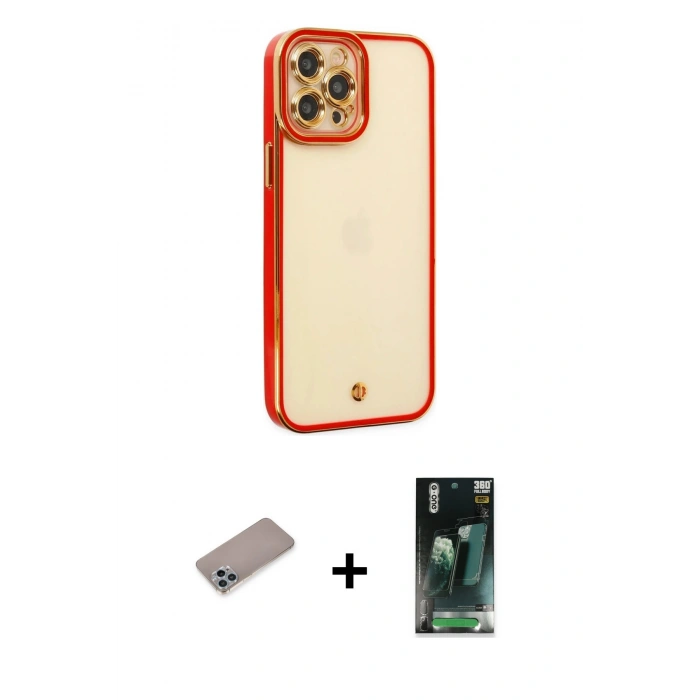 MARSİLYAN™- iPhone 12 Pro Kılıf Çekirdek Klasik Serisi - Şeffaf 360 Full Body Arka Koruyucu + Shine Kamera Lens Koruma Cam - SABE
