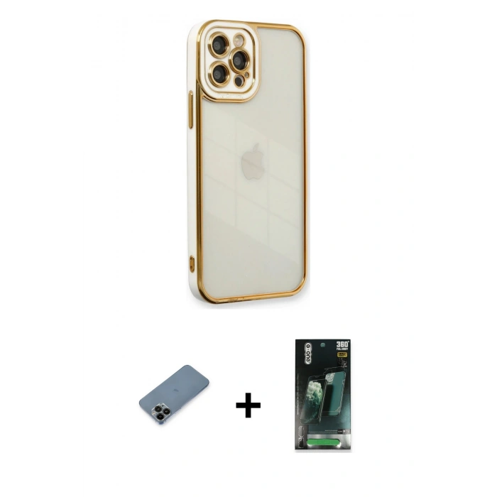MARSİLYAN™- iPhone 12 Pro Kılıf Çekirdek Klasik Serisi - Şeffaf 360 Full Body Arka Koruyucu + Shine Kamera Lens Koruma Cam - SH