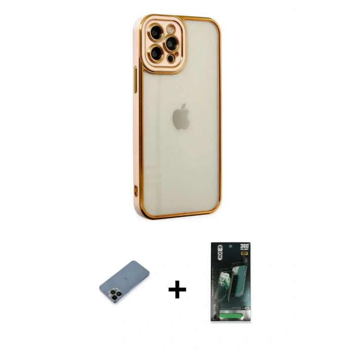 MARSİLYAN™- iPhone 12 Pro Kılıf Çekirdek Klasik Serisi - Şeffaf 360 Full Body Arka Koruyucu + Shine Kamera Lens Koruma Cam - SH