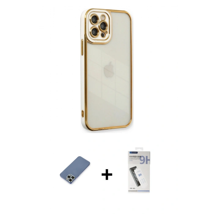 MARSİLYAN™- iPhone 12 Pro Kılıf Çekirdek Klasik Serisi - Şeffaf Uv Polymer Nano Ekran Koruyucu + Metal Kamera Lens Koruma Cam - AKYL