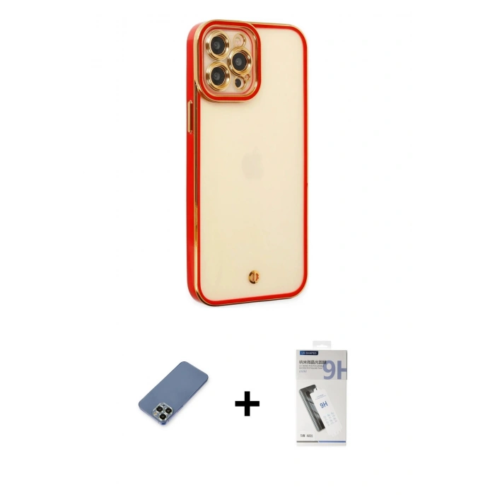 MARSİLYAN™- iPhone 12 Pro Kılıf Çekirdek Klasik Serisi - Şeffaf Uv Polymer Nano Ekran Koruyucu + Metal Kamera Lens Koruma Cam - AKYL