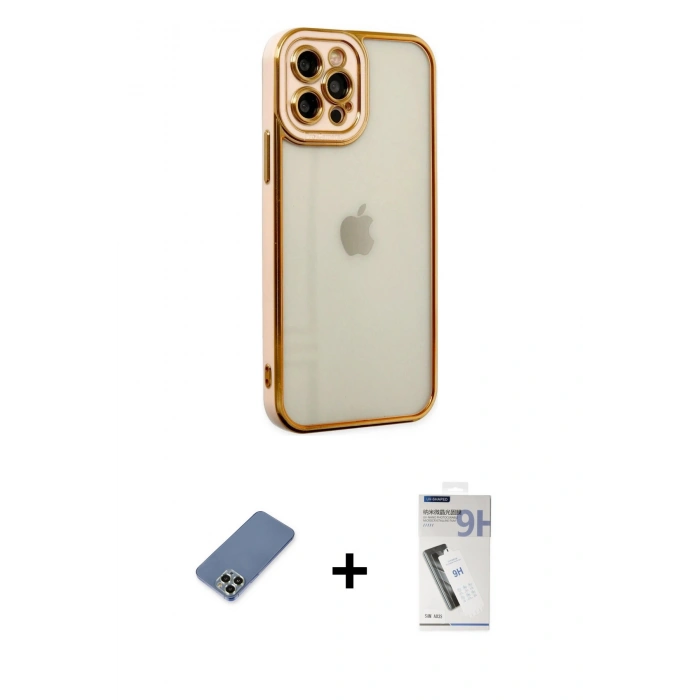 MARSİLYAN™- iPhone 12 Pro Kılıf Çekirdek Klasik Serisi - Şeffaf Uv Polymer Nano Ekran Koruyucu + Metal Kamera Lens Koruma Cam - AKYL