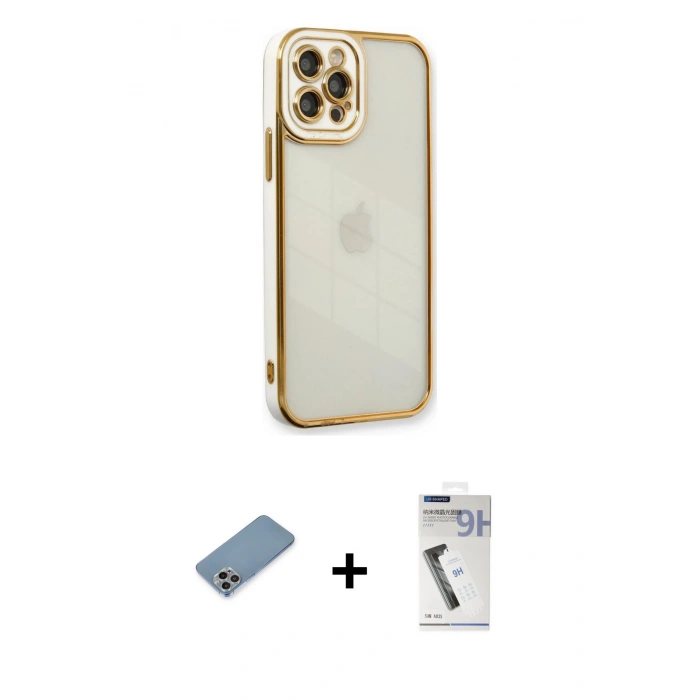 MARSİLYAN™- iPhone 12 Pro Kılıf Çekirdek Klasik Serisi - Şeffaf Uv Polymer Nano Ekran Koruyucu + Shine Kamera Lens Koruma Cam - GI