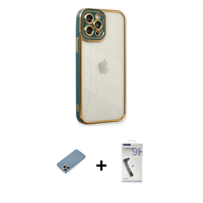 MARSİLYAN™- iPhone 12 Pro Kılıf Çekirdek Klasik Serisi - Şeffaf Uv Polymer Nano Ekran Koruyucu + Shine Kamera Lens Koruma Cam - GI