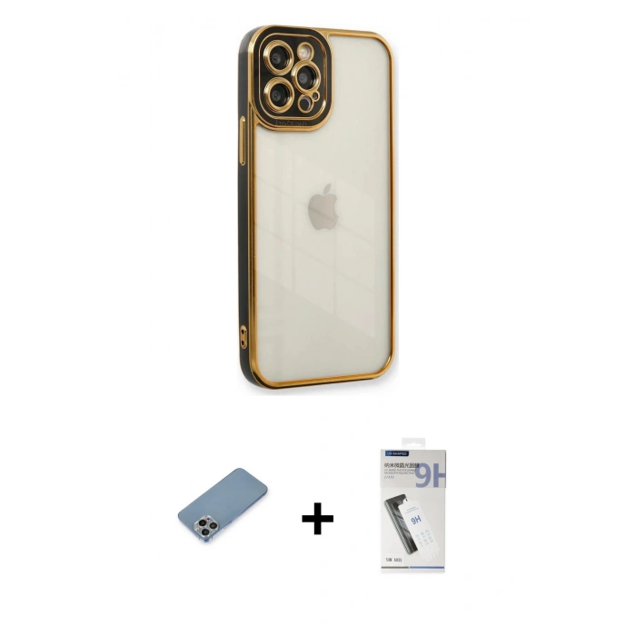 MARSİLYAN™- iPhone 12 Pro Kılıf Çekirdek Klasik Serisi - Şeffaf Uv Polymer Nano Ekran Koruyucu + Shine Kamera Lens Koruma Cam - GI