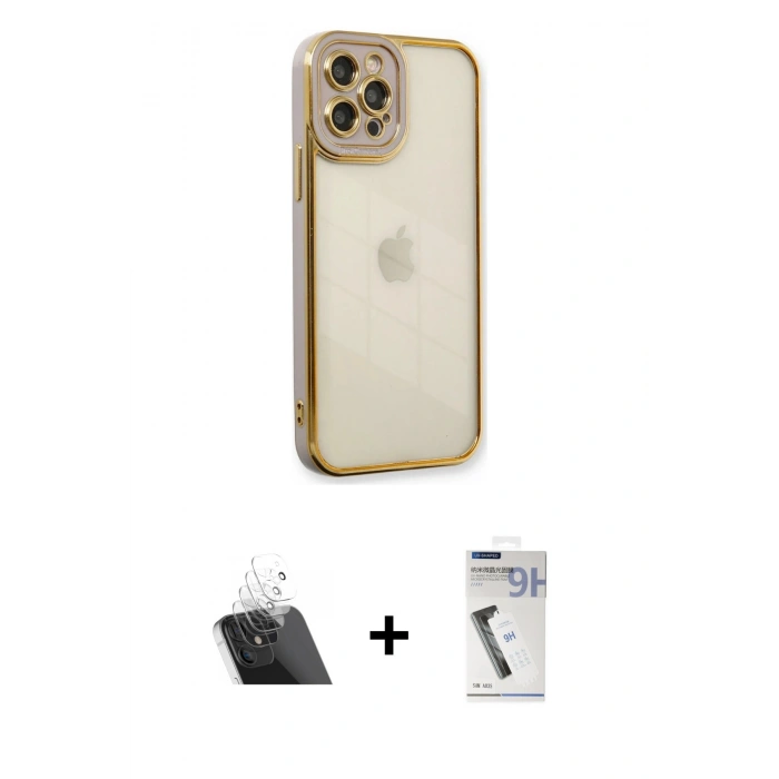 MARSİLYAN™- iPhone 12 Pro Kılıf Çekirdek Klasik Serisi - Şeffaf Uv Polymer Nano Ekran Koruyucu + Kamera Lens Koruma Cam - SF