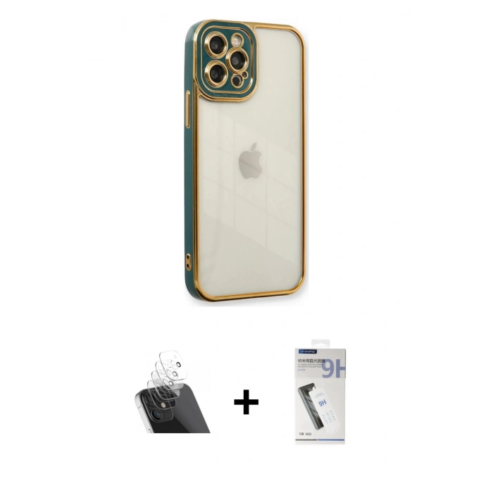 MARSİLYAN™- iPhone 12 Pro Kılıf Çekirdek Klasik Serisi - Şeffaf Uv Polymer Nano Ekran Koruyucu + Kamera Lens Koruma Cam - SF