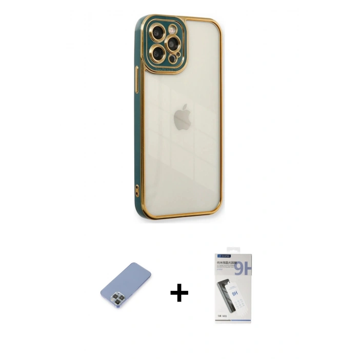 MARSİLYAN™- iPhone 12 Pro Kılıf Çekirdek Klasik Serisi - Şeffaf Uv Polymer Nano Ekran Koruyucu + Metal Kamera Lens Koruma Cam - KUYL