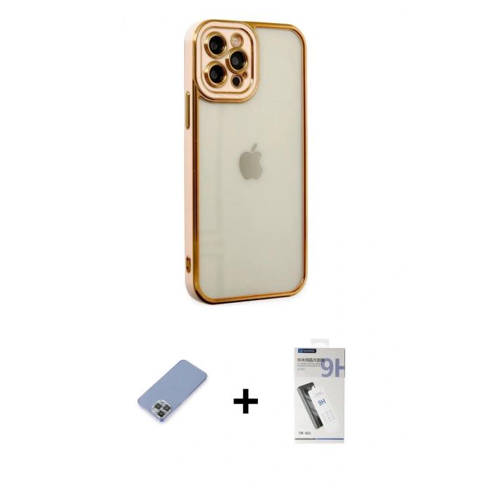 MARSİLYAN™- iPhone 12 Pro Kılıf Çekirdek Klasik Serisi - Şeffaf Uv Polymer Nano Ekran Koruyucu + Metal Kamera Lens Koruma Cam - KUYL