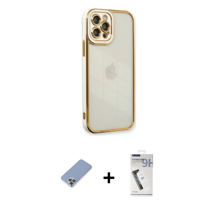 MARSİLYAN™- iPhone 12 Pro Kılıf Çekirdek Klasik Serisi - Şeffaf Uv Polymer Nano Ekran Koruyucu + Metal Kamera Lens Koruma Cam - KUYL